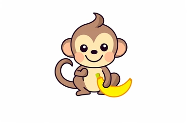 cute baby monkey holding a banana logo design, charming illustrations, clean and simple designs, cute cartoonish designs, cute and colorful, clipart style, minimal, white background