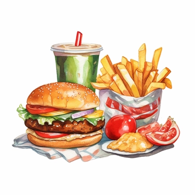 watercolor style clipart featuring different fast food items, specifically a burger and cola