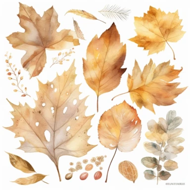 hyper realistic watercolor style, autumn leaf clipart, neutral pastel colors. lots of details, white background