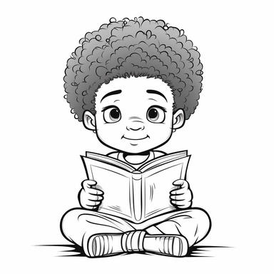 african child reading a book. b&w lineart, minimalist style, white background, full body, picture, coloring book style on white background, well composed, clean coloring book page, No dither, no gradient, strong outline, No fill, No solids, vector illustration, clipart, simple, cartoon –ar 9:11 –v 5