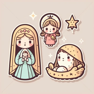 vector sticker design, anime style Christmas nativity clipart, white background, flat colors