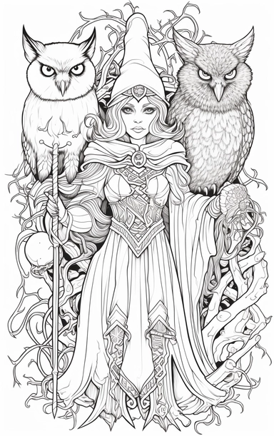Coloring cartoon page for adult,witch clipart 6 witches, owl, in the style of reimagined by Dr. Seus, mystic mechanisms, illusory images, witchcore, lith printing ,clear and clean line art, white background