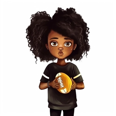 Cool cute black kid football, cool football clothes, female black girl, watercolor style, clipart solid white background