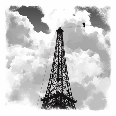 eiffel tower in the sky a blackandwhite clip art illustration, in the style of steel/iron frame construction, dynamic figure studies, tinkercore, unconventional poses, sōsaku hanga, minimalist form, urban signage