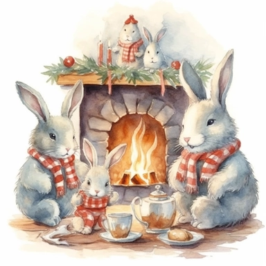 charming bunny family, Christmas morning in their cosy homy, festive decor and mood, fireplace, happy, ornamental watercolor, clipart