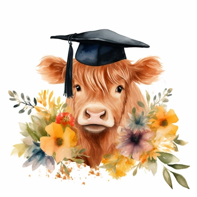 watercolor clipart, cute baby highland cow wearing graduation cap surrounded by wildflowers