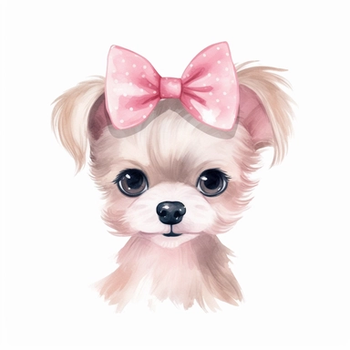 smile cute cartoon feminine baby dog with pink bow on head clipart, watercolor style, white background