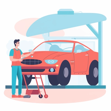 vector design, mechanic repairing car in garage, flat modern illustration, clipart, very simple picture, white background, soft gradient transition, in the style of warm color palette, natural pastel colors, in red-orange, blue-green, pale green colors, object portraiture specialist, uniformly staged images, animated illustrations