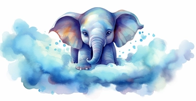 Adorable baby elephant on the blue cloud, vivid colours, ornamental watercolor clipart, white background, I can’t believe how beautiful this is