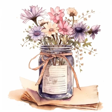 watercolor, hyper realistic, white background, white margins, 16k, ultra detailed clipart, cut out image, hand-drawn, whimsical manhwa style, ultra HD, sharp and clean art A bouquet of dried flowers in a mason jar, sitting on a stack of love letters, with a background of pale pink and soft beige, vintage style