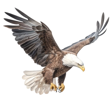 oil painting of bald eagle, flying through air, clipart, white background, hyper detailed, realistic