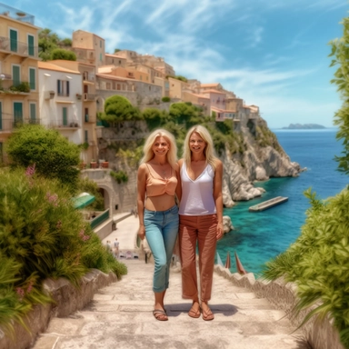 panoramic view, full view, landscape, two beautiful senior citizen older middle-aged female best friends, age progression, heavier, one with long blonde hair and one with short blonde hair, age appropriate attire, same height, posing, smiling, beautiful faces, along a cobblestone walkway in a beautiful mediterranean town with view of beautiful blue water, cascading bougavanelia, beautiful summer day, illustration clipart, photo realistic, romantic, fantasy, ethereal, sharp focus, high detail, (-