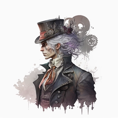 the mad hatter: a young man with grey hair, dressed in a steampunk coat, wearing a mechanical top hat. white background, clipart, watercolor style,