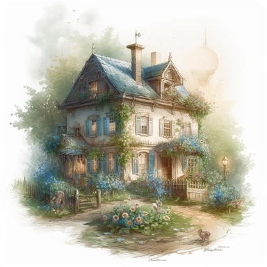 light watercolor masterpiece a elegant part of village house with forget-me-nots decorated with summer flowers and magic crystals, lace and embroidery, masterpiece by Jean-Baptiste Monge style and by Ivan Fedorovich Choultse style and Hans Zatzka style and Vladimir Kush style, Baroque fashion, PNG clipart, isolated on white, extreme photorealistic details, 32k HD resolution, realistic high detailization high resolution