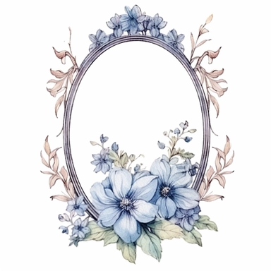 watercolor clipart of a empty suttle dainty floral oval frame surrounded by dusty blue color flowers. Capture the essence of blooming beauty and intricate details in your artwork, white background