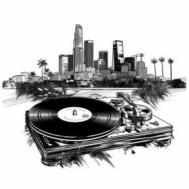 black and white t-shirt designs for Dj Bojkot vector sample with turntable , vinyl records, Los Angeles California backgrund white transparent clipart