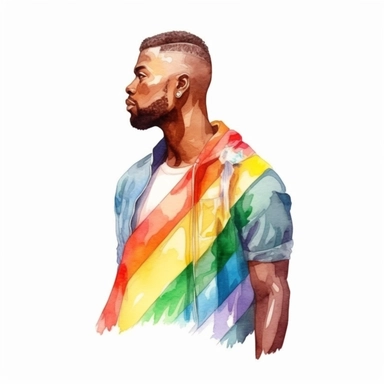 Beautiful gay black man with LGBT Rainbow Flag, illustration clipart, high detailed, white background, digital art, watercolor