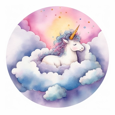 cartoon Whimsical Unicorn Sleeping on a Fluffy Cloud, Big Eyes, cartoon, watercolor, professional clipart, white background, neat, clean, round circle