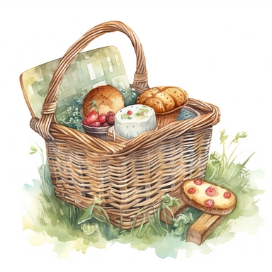 Cute cartoon picnic basket, watercolor, clipart, hyper detail, isolated white background, art by Marjolein Bastin and Thomas Kinkade