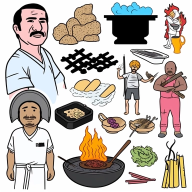 a set of black line clipart inspired by Raiders of the Lost Ark and travel and food and colonialism and David Chang and stolen cultural relics and cooking and grilling and eating and global cuisine and 1980s action figures