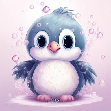 Introducing Bubbles, the bubbly little penguin! Bubbles is covered in soft, fluffy white feathers with glittery blue wings and a cute pink beak. She loves to swim and play with her friends, cartoon, clipart