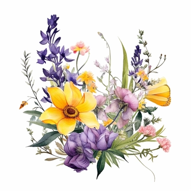 Watercolor floral clipart Pressed boho cottagecore violet, honeysuckle, black-eyed susan, wild rose and orchids floral border wildflowers with lanceolate, elliptical and ovate foliages floral nature garden border, clipart with white background