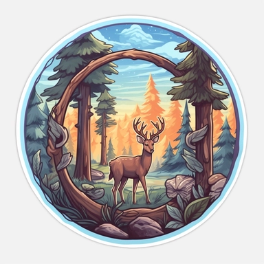 Sticker logo, featuring trees, lush foliage, and woodland creatures like deer or squirrels, capturing the essence of camping in nature, on transparent background free clipart, in the style of digital painting and drawing, 2d game art, scoutcore, anime-influenced, cabincore, high resolution, light sky-blue and dark maroon
