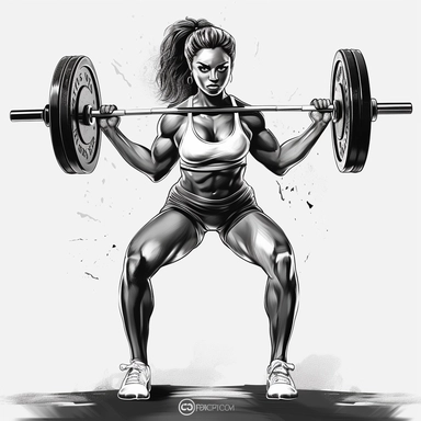 beatifiul female bodybuilder lifting barbell, fullbody, showing abs, clipart, black and white, detalied illustration, clipart
