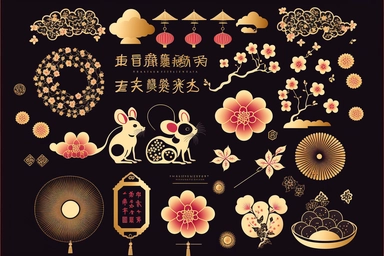 chinese new year design element set rat mouse fireworks cloud lantern flower blossom plum red gold gold coin zodiac signs symbol animal happy 2023 holiday lunar japanese korean vietnamese style traditional geometric text isolated clip art collection bundle silhouette hand-drawn art vector illustration graphic print concept flat line realistic high quality detailed