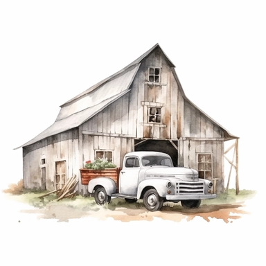 watercolor rustic farm barn with grey rustic car clipart, white background