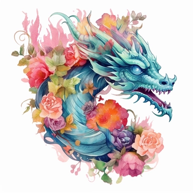 Exquisite 4K floral watercolor dragon clipart, an artistic fusion of fantasy and nature, where the dragon's body is intricately entwined with intricate floral elements, delicate blossoms and vines accentuating its graceful form, every stroke and detail meticulously crafted with vibrant watercolor pigments, capturing the magical essence of the creature