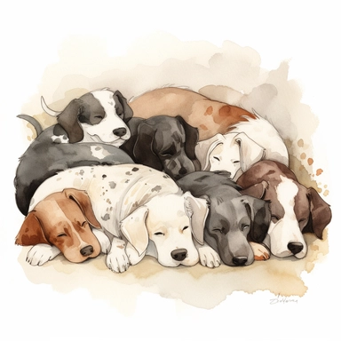 six dogs asleep in a pile on a lawn, one brown and white dog, 2 brown dogs, 1 black dog, 2 black and white dogs, watercolor, and ink drawing, clipart, happy, gentle smile, beautiful watercolor ink wash coloring, thick pencil lines, Jon klassen, Adrian tomine, popular on etsy, watercolor illustrations clipart, watercolor illlustrations for kids, white background