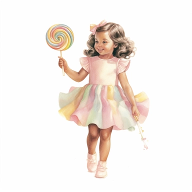 vintage adorable little girl with pastel rainbow candy, full body, pastel beige colors, clipart style, accurate details, watercolor technique, super high quality, professional watercolor clipart, high resolution