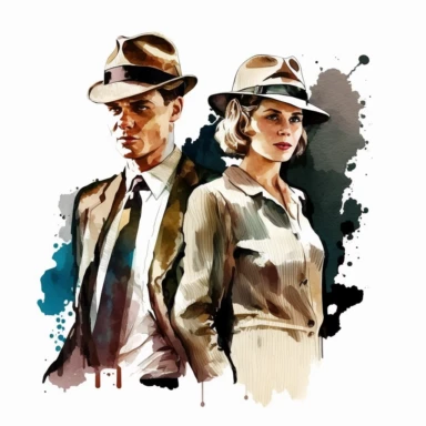 BANK ROBBERS BONNIE AND CLYDE KILLED IN AMBUSH in 1934, in watercolor style clipart, darker tones, high contrast, white background