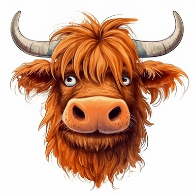 Funny highland Cow Face Sublimation Clipart, caricature painting, Illustration clipart, 4K, extremely detailed