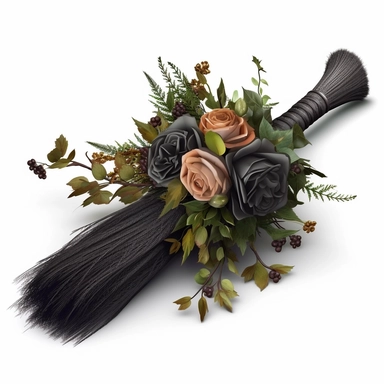 clipart, little gothic witch broom decorated with greenery and roses, isolated on a white background, vector, dark colors, realistic, 3D, no shadows, super-resolution, 32K