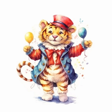 cute tiger in circus costume watercolor illustration, in the style of watercolor illustrations,funny, energetic,ben wooten style, full body,sharp focus throughout, aquarellist, charming illustrations, illustration, painted illustrations, transparency and opacity,isolated white background, clipart most popular on etsy, book illustration, featured on dribble,print on demand image, PNG tranparent background,composition medium shot, no text