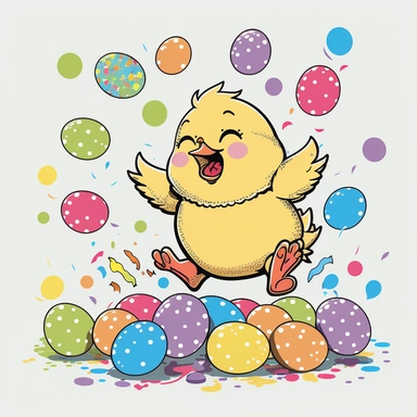 cartoon style, cute, happy, jumping Easter Chick with easter eggs, no description, clipart