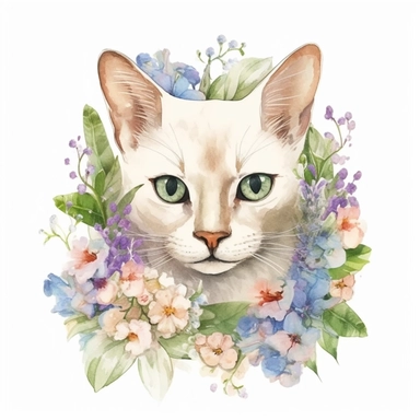 Burmilla Cat with flowers, watercolor, sharp illustration clipart, insane detail, white background