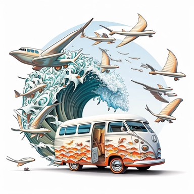 Imagine a van gliding through a sun-kissed wave, surfboards gracefully aligned, while a flock of seagulls takes flight in the background against a pure white canvas, illustration style, white background, clipart, PNG pure white background, high resolution, hyper detailed, best quality, high detailed illustration