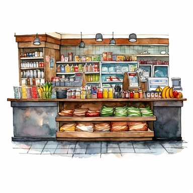 watercolor detailed illustration of A checkout counter in a grocery store, clipart, white background