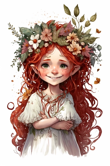 cute little fairy girl, red hair princess, flowers around, smiling, full body, nice worm eyes, watercolor clipart, intricate details, white background