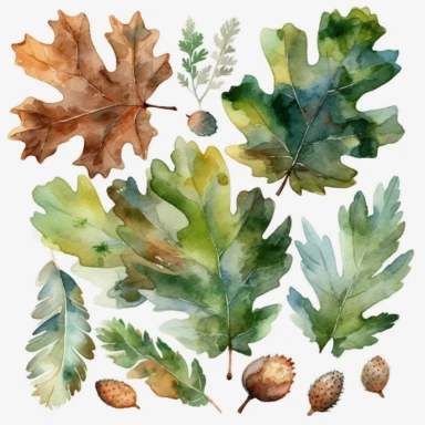 watercolor oak leafes, clipart