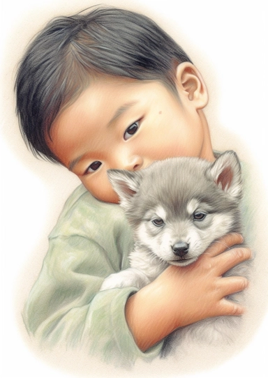 a cute retro vintage Asian infant baby boy with a puppy. Color pencil sketch, soft baby colors, on a white background for clipart.