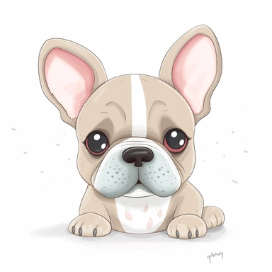 A lovable dog illustration clipart, featuring an adorable French Bulldog with big round eyes, a wrinkled face, and floppy ears, sitting on a white background, with a sweet and innocent expression, radiating cuteness and charm, Illustration, digital art, with a soft and pastel color palette