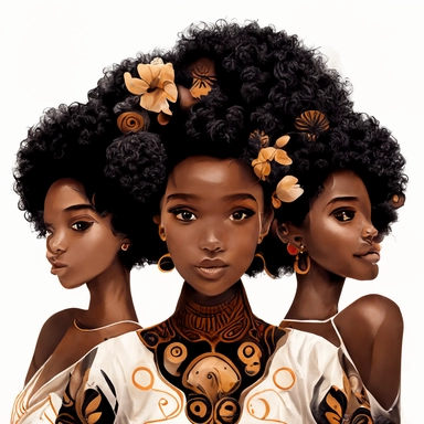 three beautiful black girls, one with an afro haircut, one with long hair and one with short hair, luxury, Pixar style, intricate details, white background, clipart