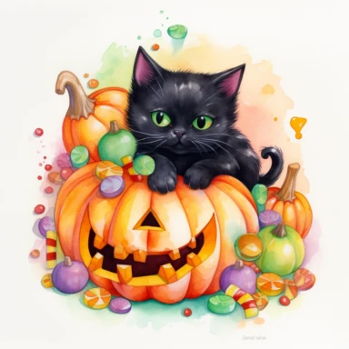 a large Halloween pumpkin, pumpkin is filled with colorful wrapped candies, lollipops, and candy corn, inside the pumpkin is a cute little black kitten with big green eyes, scattered candy is laying flat around the pumpkin, Halloween colors, magic, fantasy, watercolor, clipart style, white background with margins