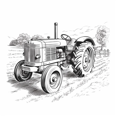 svg clipart black line cartoon drawing of a farm tractor vintage, family farm, on a white background no shading