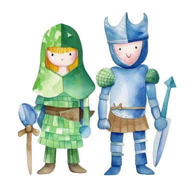 two knights characters separately watercolor clipart images for kids, whole body, from the front, blue and green, white background
