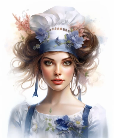 watercolor mixed media portrait of a beautiful and feminine cook in a chef's hat and apron, decorated with forget-me-nots and summer flowers and magic crystals, lace and embroidery, masterpiece by Edouard Bisson style and by Tom Bagshaw style, Village fashion, PNG clipart, isolated on white, extreme photorealistic details, 32k HD resolution, realistic high detailization high resolution